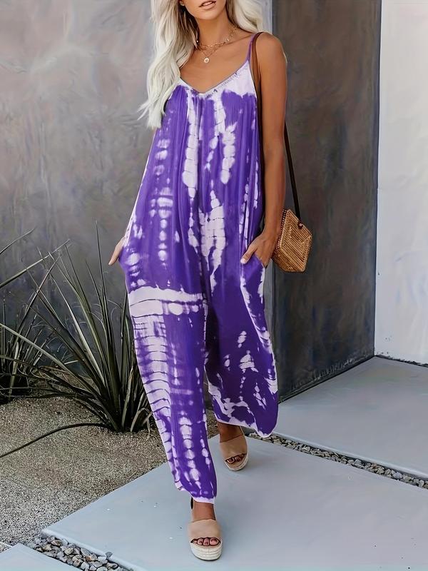 Women's Tie Dye Leopard Print Pocket Backless Cami Jumpsuit, Casual Adjustable Strap Ruched Wide Leg Jumpsuit, Spaghetti Strap One-Piece Outfits, Ladies Summer Clothes for Beach Vacation Back To School