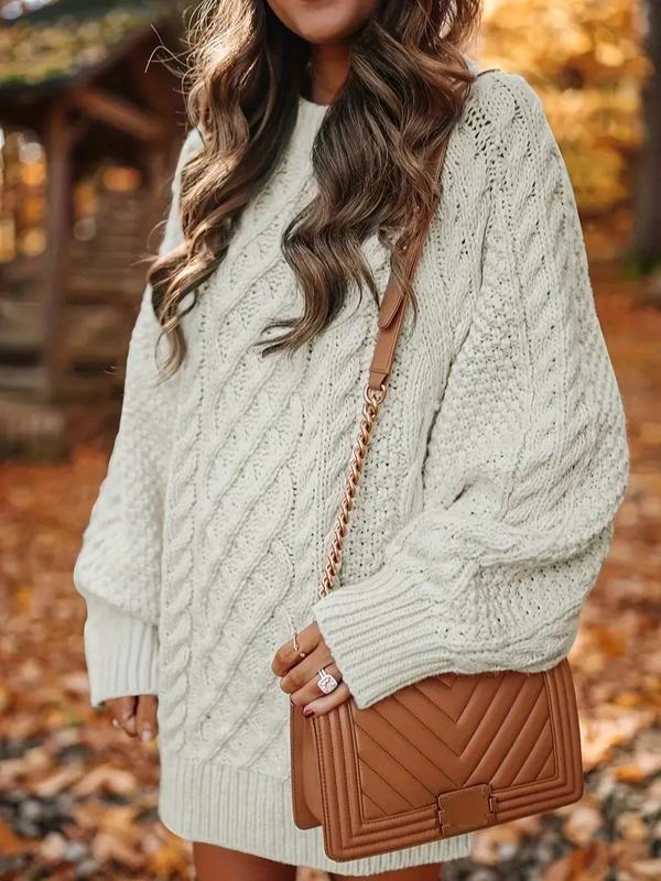 Women's Minimalist Plain Round Neck Raglan Sleeve Sweater Dress, Long sleeves Cable Knit Dress for Fall, Knitwear for Daily Wear, Basic Womenswear, Winter, fall dresses Lady, thanksgiving outfits, christmas dress