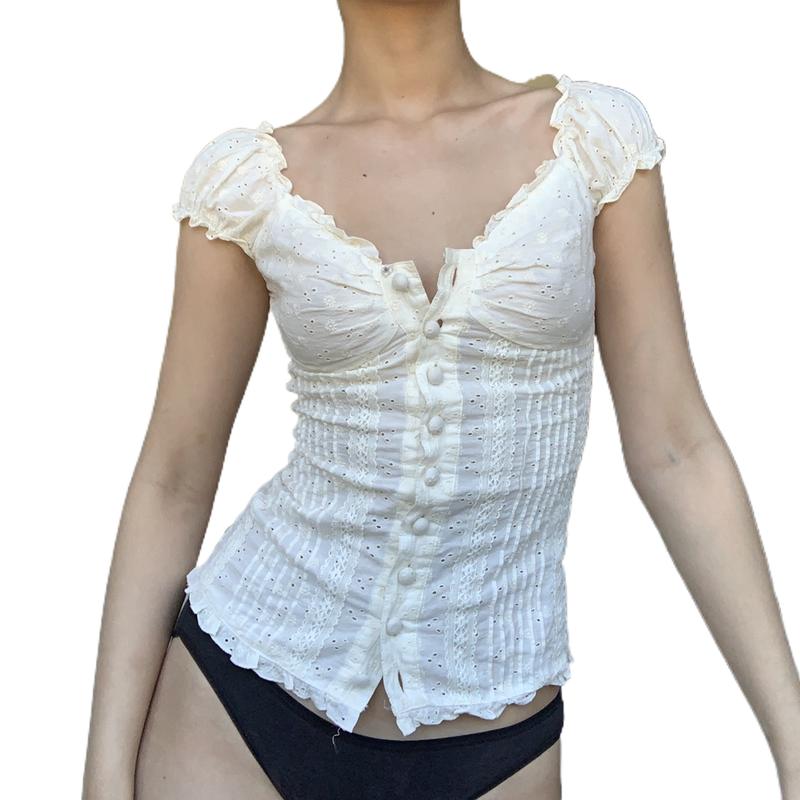 Women Fashion Solid Color Shirts Puff Short Sleeve V-Neck Blouses Summer Button-Down Casual Tops Halloween Costume