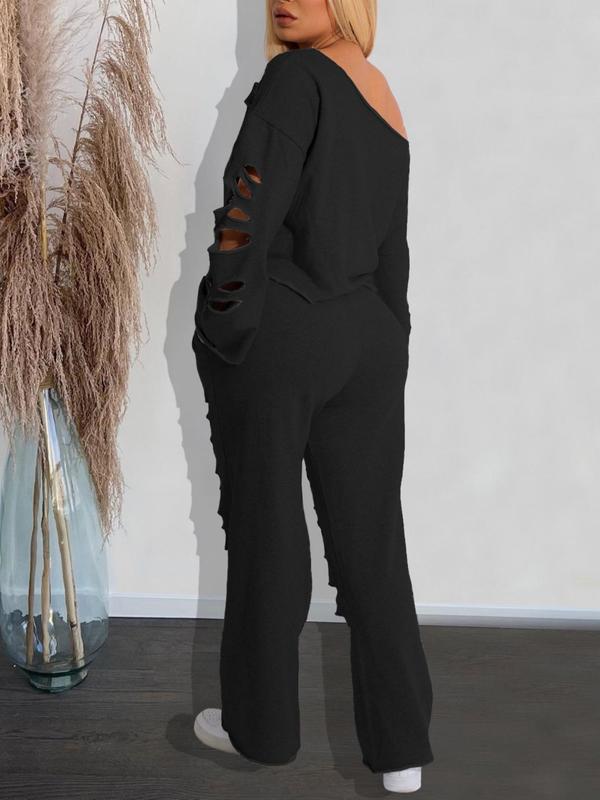 Women's Asymmetrical One Shoulder Cut Out Top & Flare Leg Elastic Waist Pants Set, Fall Oufits 2024, Solid Long Sleeve Top & Bell Bottom Trousers Set, Comfortable Minimalist Womenswear, Co-ord Sets for Ladies