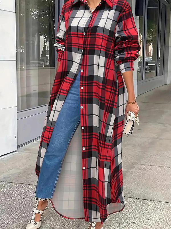  Plaid Print Button Collared Long Shirt, Casual Long Sleeve Collared Shirt for Daily Wear, Women's Clothing for All Seasons