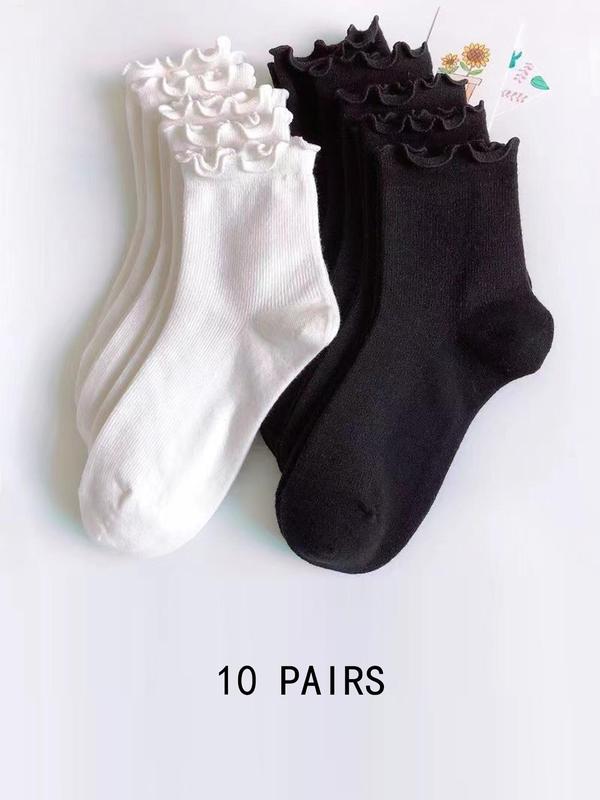 Women's Solid Lettuce Trim Crew Socks, Casual Comfy Breathable Mid-calf Socks for Daily Wear, Multipack Knit Socks for All Seasons