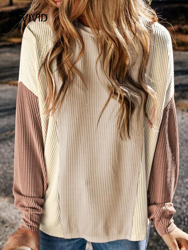 Women's Colorblock Ribbed Knit Sweater, Casual Long Sleeve Crew Neck Jumper for Fall & Winter, Fashion Ladies' Knitwear for Daily Wear