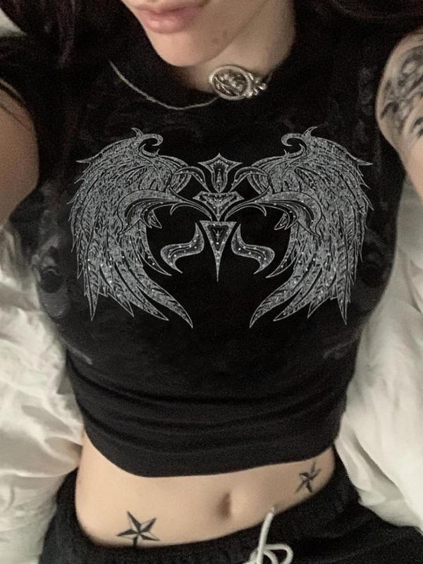 Women's Wing Print Hot Drill Round Neck Vintage Graphic Tees, Cropped Graphic Tee, T Shirts for Women, Baby Tee, Fashion Casual Short Sleeve T-shirt for Daily Wear, Ladies Summer Clothes