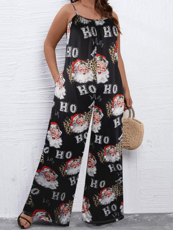  Letter & Christmas Santa Claus Print Pocket Cami Jumpsuit, Casual Fashion Sleeveless Wide Leg Jumpsuit for Daily Outdoor Wear, Women's Plus Clothing for All Seasons