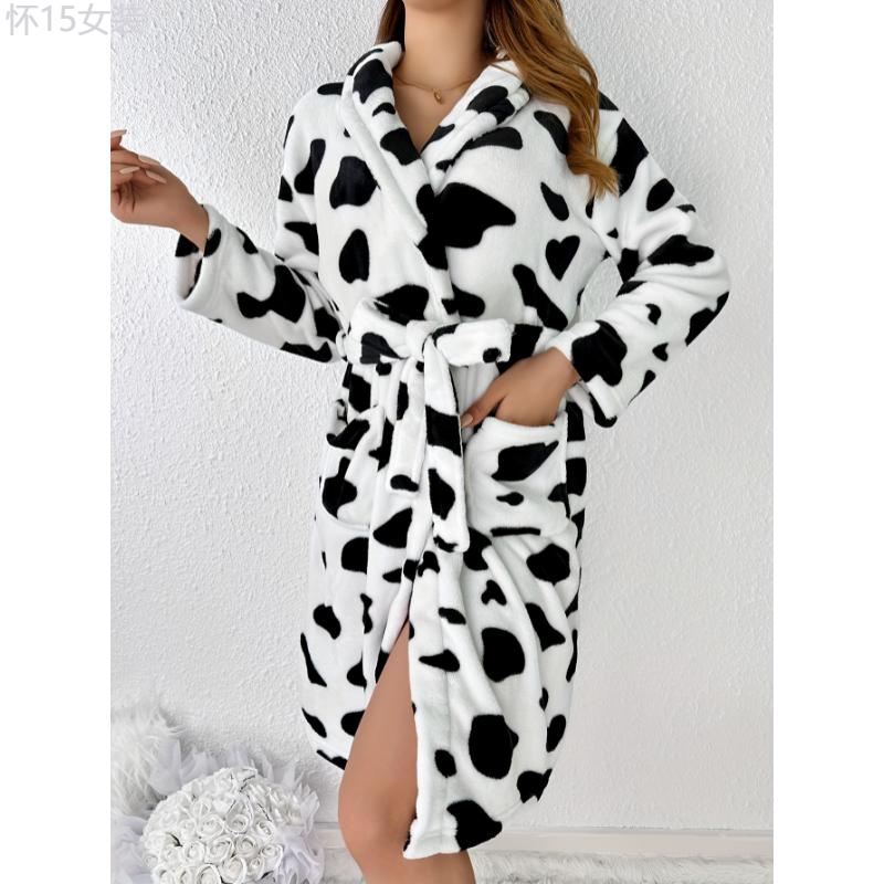 Women's Cozy Cow Print Thickened Long Sleeve Fleece Robe, Warm Bathrobe for Fall & Winter, Ladies Homewear Sleepwear Collar Fabric