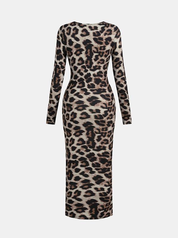 YOZY Women's Leopard Print Ruched Drawstring Split Thigh Bodycon Dress, Fashion Casual Long Sleeve Dress for Daily Outdoor Wear, Ladies Clothes for All Seasons