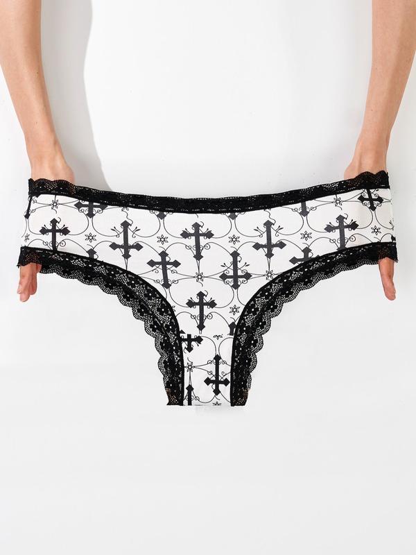  All Over Print Contrast Lace Panties, Soft Comfy Breathable Knicker for Daily Wear, Women's Underwear for All Seasons