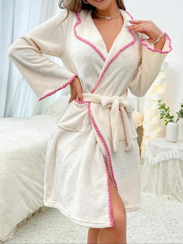 Women's Contrast Binding Belted Lounge Robe, Casual Long Sleeve Lapel Neck Pocket Design Bathrobe, Ladies Sleepwear for Fall & Winter