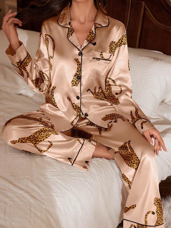 Silk Satin Leopard Print Sleepwear Long Sleeve Button Down Shirt and Pants Pajama Set Loungewear