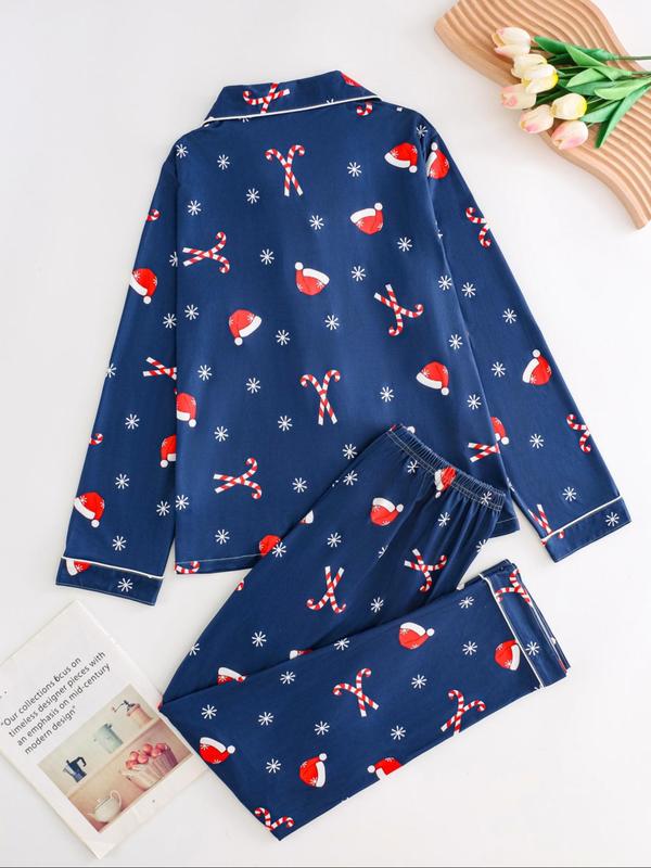 Two-Piece Set Women's Christmas Print Button Front Pocket Shirt & Elastic Waist Pants Pyjama, Casual Comfy Long Sleeve Collared Top & Trousers Pyjama Set, Women's Sleepwear for Spring & Fall