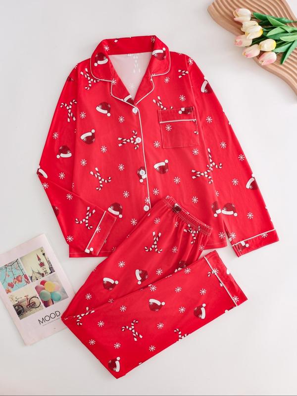 Two-Piece Set Women's Christmas Print Button Front Pocket Shirt & Elastic Waist Pants Pyjama, Casual Comfy Long Sleeve Collared Top & Trousers Pyjama Set, Women's Sleepwear for Spring & Fall