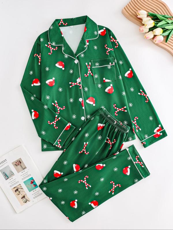 Two-Piece Set Women's Christmas Print Button Front Pocket Shirt & Elastic Waist Pants Pyjama, Casual Comfy Long Sleeve Collared Top & Trousers Pyjama Set, Women's Sleepwear for Spring & Fall