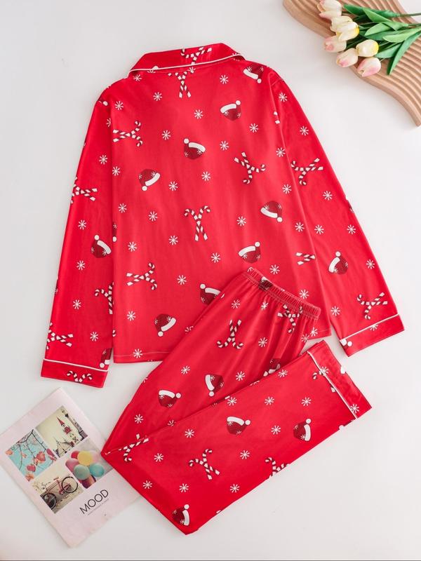 Two-Piece Set Women's Christmas Print Button Front Pocket Shirt & Elastic Waist Pants Pyjama, Casual Comfy Long Sleeve Collared Top & Trousers Pyjama Set, Women's Sleepwear for Spring & Fall