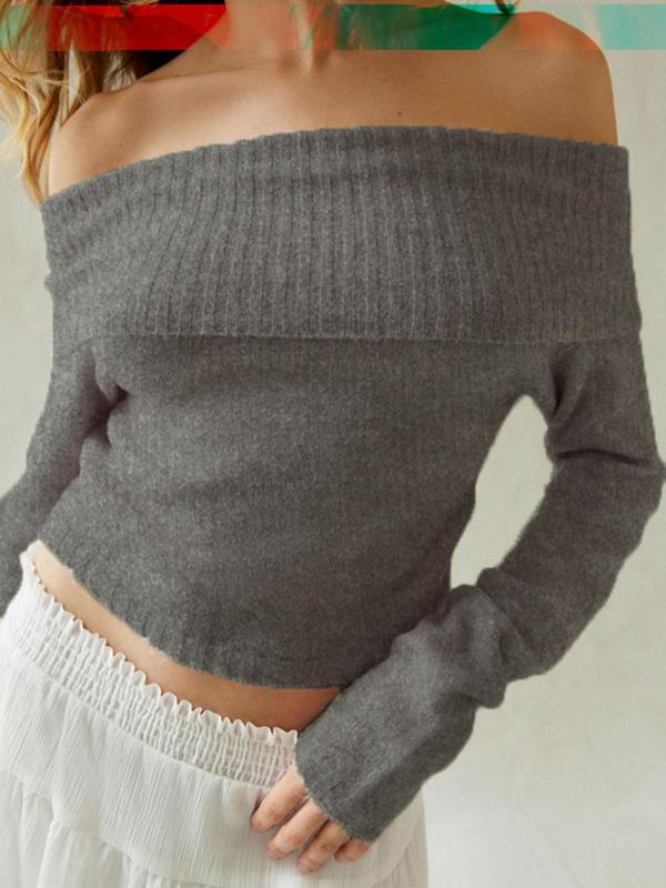 Women's Solid Color Off Shoulder Minimalist Sweater for Spring & Fall, Mean Girls Casual Chic Flattering Fit Long Sleeve Jumper, Women's Tops, Women's Sweaters Knitwear for Daily Wear, Women's Fall Clothing, Going Out Tops