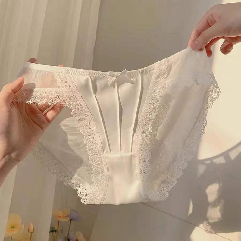Vintage Satin Panties Soild Color Breathable Underwear Women French Sexy Lace Bow Lingerie Female Mid-waist Thin Mesh Briefs New