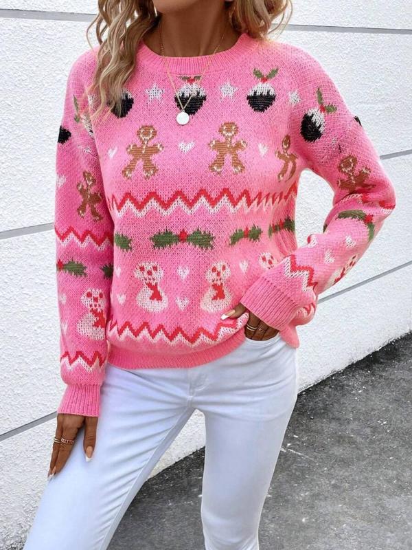 Christmas Deals Women's Christmas Print Drop Shoulder Sweater, Casual Long Sleeve Round Neck Jumper for Daily Wear, Ladies Knitwear for All Seasons, Christmas 2024 Trend