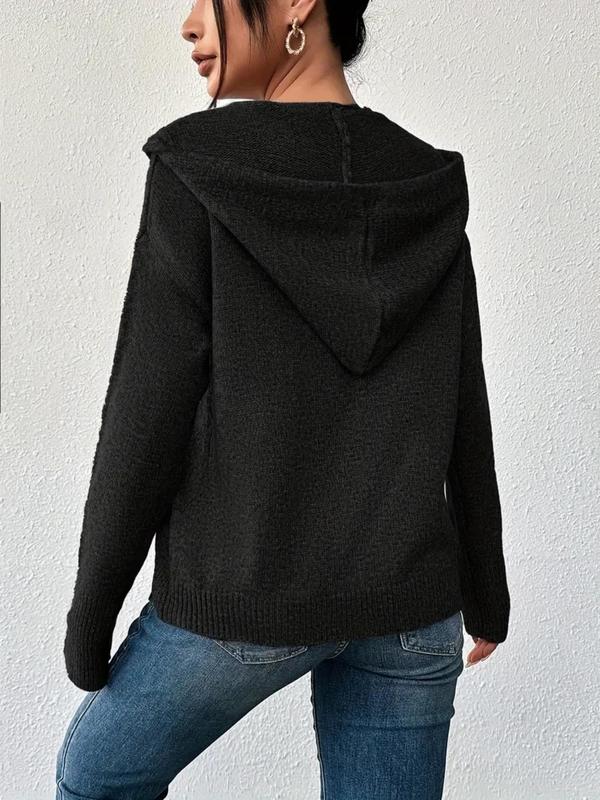 Women's Plain Button Front Drawstring Hooded Cardigan, Casual Drop Shoulder Long Sleeve Knitwear for Fall & Winter, Women's Knit Clothing for Daily Wear