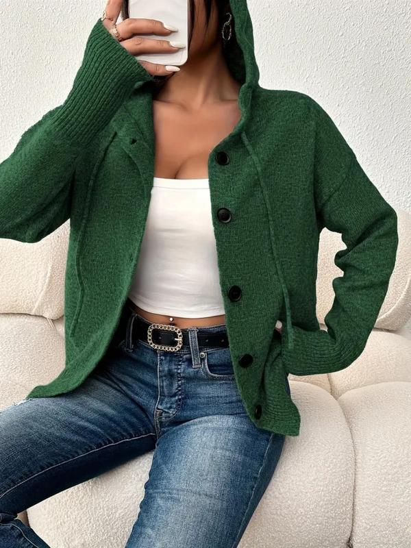 Women's Plain Button Front Drawstring Hooded Cardigan, Casual Drop Shoulder Long Sleeve Knitwear for Fall & Winter, Women's Knit Clothing for Daily Wear