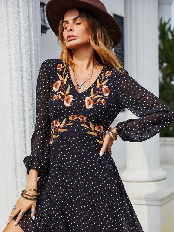 Women's Boho Flroal Embroidery Ruffle Hem V Neck A Line Dress, All Over Print Bishop Sleeve Midi Dress for Spring & Fall, Dresses for Women, Women's Clothing for Daily Wear