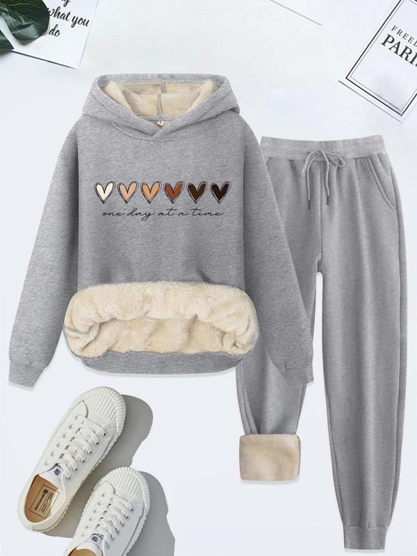 Women's Heart & Letter Print Hoodie & Drawstring Waist Pants Thermal Lined Two-piece Set, Casual Long Sleeve Hooded Sweatshirt & Pocket Trousers for Fall & Winter, Ladies Clothes for Daily Wear