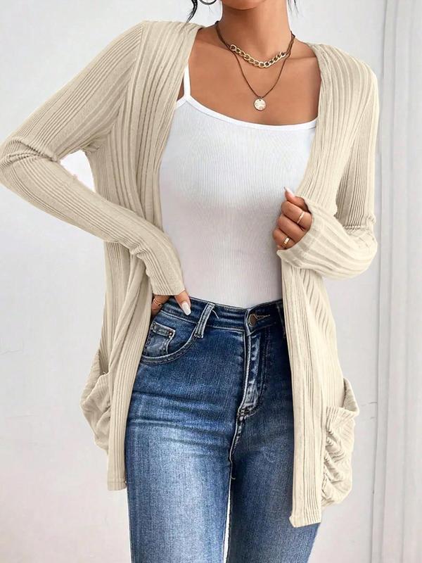 Women's Plain Ruched Pocket Open Front Cardigan, Casual Long Sleeve Cardigan for Fall & Winter, Women's Knit Clothing for Daily Wear