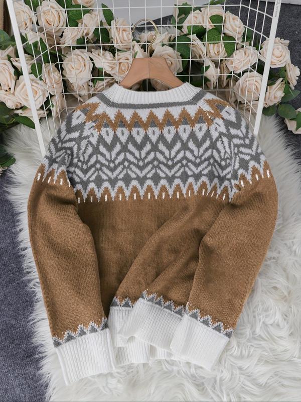 Women's Colorblock Geometric Print Raglan Sleeve Sweater, Casual Long Sleeve Round Neck Jumper for Fall & Winter, Fashion Ladies' Knitwear for Daily Wear