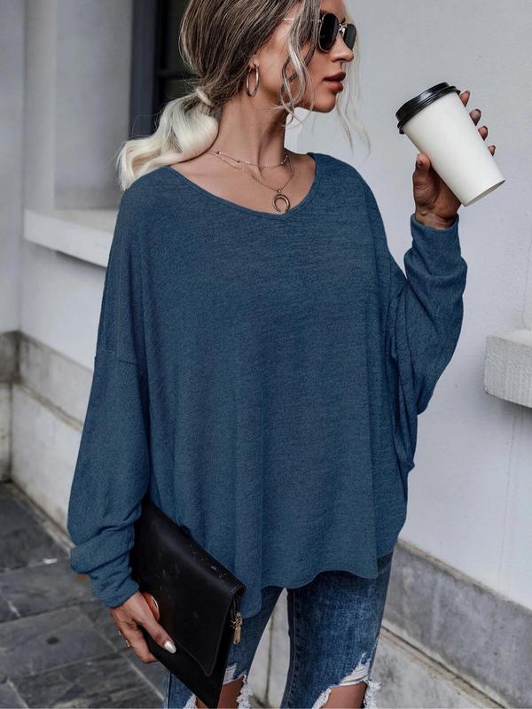 Women's Plain Tie Backless Batwing Sleeve Tee, Elegant V Neck Long Sleeve T-Shirt for Spring & Fall, Ladies Clothes for Daily Wear