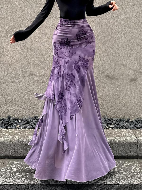 Women's Butterfly & Floral Print Ruched Tiered Layer Mermaid Skirt, Elegant Asymmetrical High Waist Maxi Skirt for Party Evening Formal Occasions, Ladies Bottoms for All Seasons