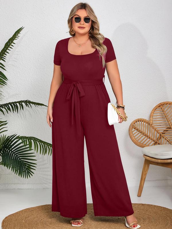  Plus Size Solid Wide Leg Jumpsuit, Elegant Square Neck Belted Jumpsuit for Daily Outdoor Wear, Women Plus Clothing for All Seasons