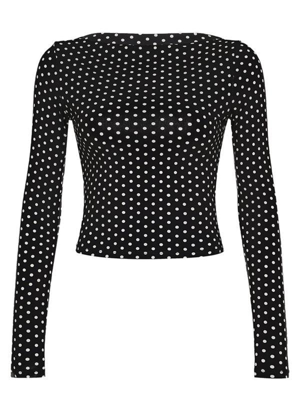Women's Polka Dot Print Boat Neck Tee, Casual Long Sleeve T-shirt for Fall & Winter, Women's Clothing for Daily Wear