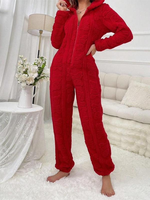 Women's Solid Zip Up Plush Hooded Jumpsuit, Casual Long Sleeve Jumpsuit for Fall & Winter, Christmas Pajamas, Women's Sleepwear for Indoor Wear Onesies Pajama