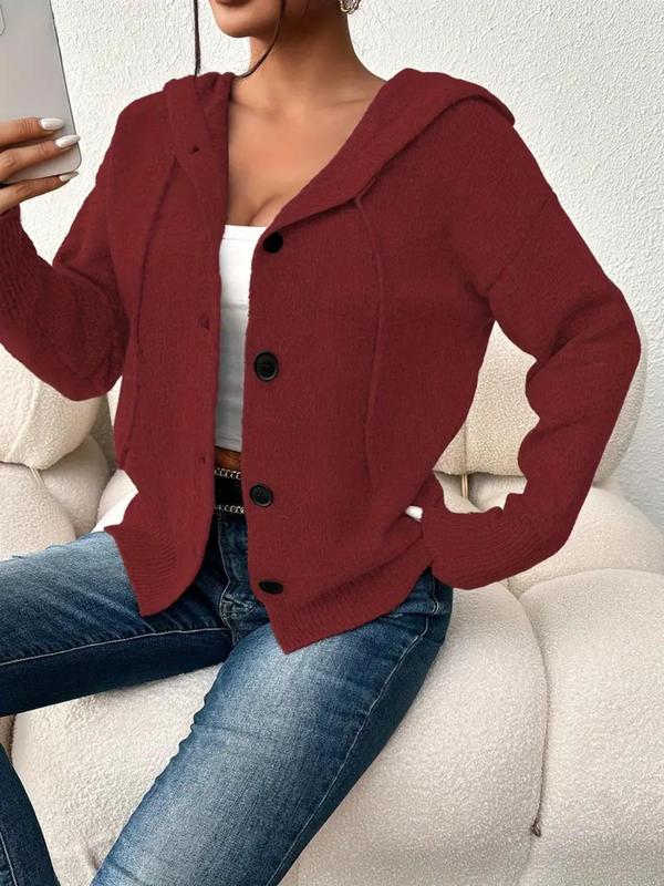 Women's Plain Button Front Drawstring Hooded Cardigan, Casual Drop Shoulder Long Sleeve Knitwear for Fall & Winter, Women's Knit Clothing for Daily Wear