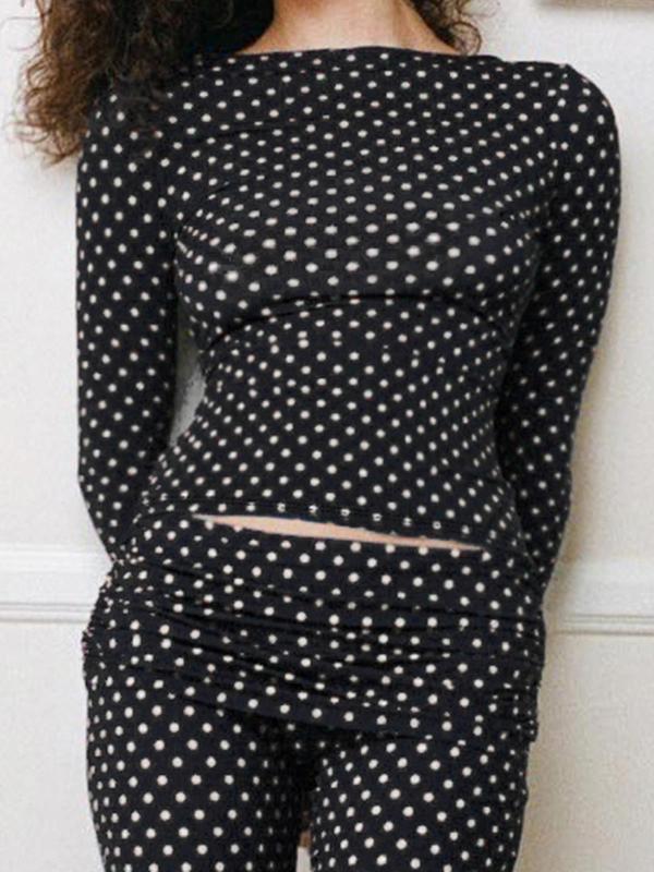 Women's Polka Dot Print Boat Neck Tee, Casual Long Sleeve T-shirt for Fall & Winter, Women's Clothing for Daily Wear