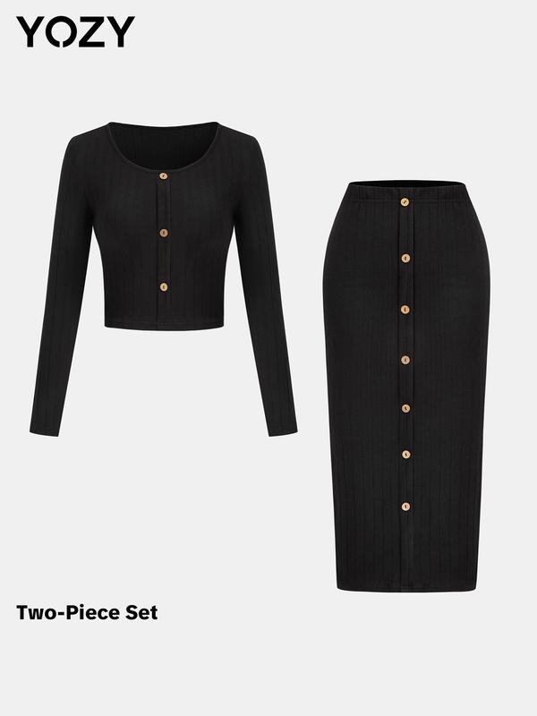 YOZY Christmas Deals, Women's Solid Fake Buttons Top & Elastic Waist Skirt Ribbed Two-piece Set, Casual Long Sleeve Round Neck Top & Skirt for Fall & Winter, Christmas 2024 Trend, Fall & Winter Outfits