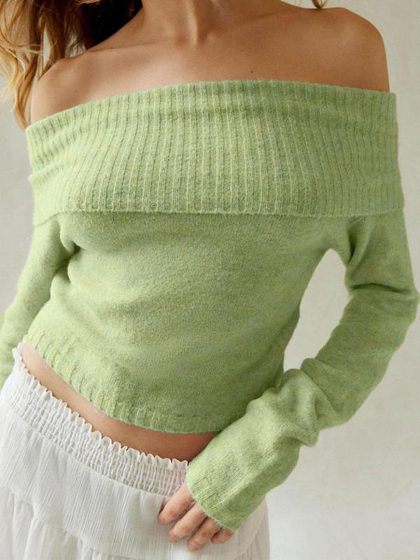 Women's Solid Color Off Shoulder Minimalist Sweater for Spring & Fall, Mean Girls Casual Chic Flattering Fit Long Sleeve Jumper, Women's Tops, Women's Sweaters Knitwear for Daily Wear, Women's Fall Clothing, Going Out Tops