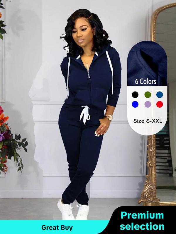 Two-piece Set Women's Solid Zip Up Hoodie & Drawstring Waist Pants Set, Casual Long Sleeve Hooded Sweatshirt & Pocket Trousers for Fall & Winter, 2 Piece Sets Women, Women's Clothes for Daily Wear