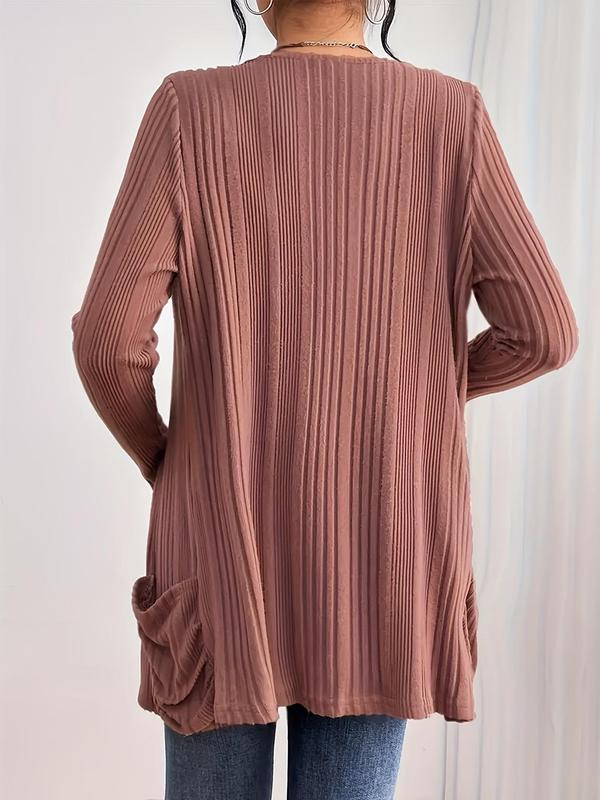 Women's Plain Ruched Pocket Open Front Cardigan, Casual Long Sleeve Cardigan for Fall & Winter, Women's Knit Clothing for Daily Wear