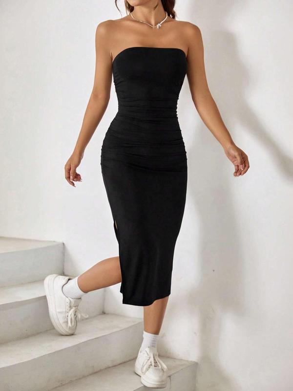 Women's Solid Ruched Split Hem Tube Dress, Dresses for Women, Summer Dresses 2024, Fashion Strapless Bodycon Midi Dress, Ladies Summer Clothes for Holiday Dating Daily Wear, Night Out Outfits, Womenswear