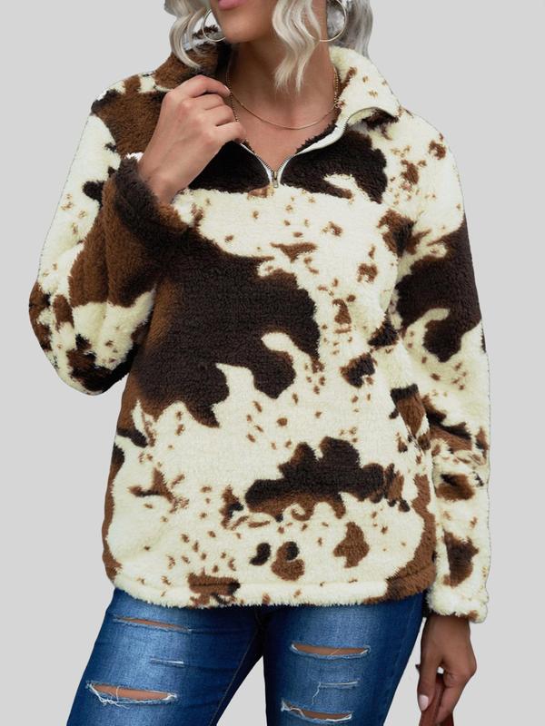 Women's Fuzzy Cow Print Half Zip Teddy Graphic Sweatshirt, Casual Long Sleeve Collared Pullover for Women, Fashion Women's Going Out Outfits, Cozy Fall Outfits for Women, 2024 Black Friday Early Deals