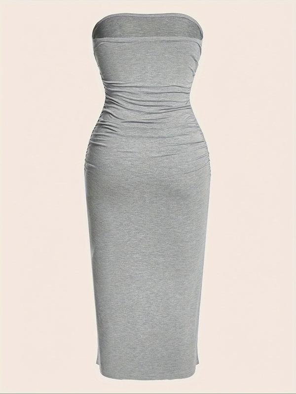 Women's Solid Ruched Split Hem Tube Dress, Dresses for Women, Summer Dresses 2024, Fashion Strapless Bodycon Midi Dress, Ladies Summer Clothes for Holiday Dating Daily Wear, Night Out Outfits, Womenswear