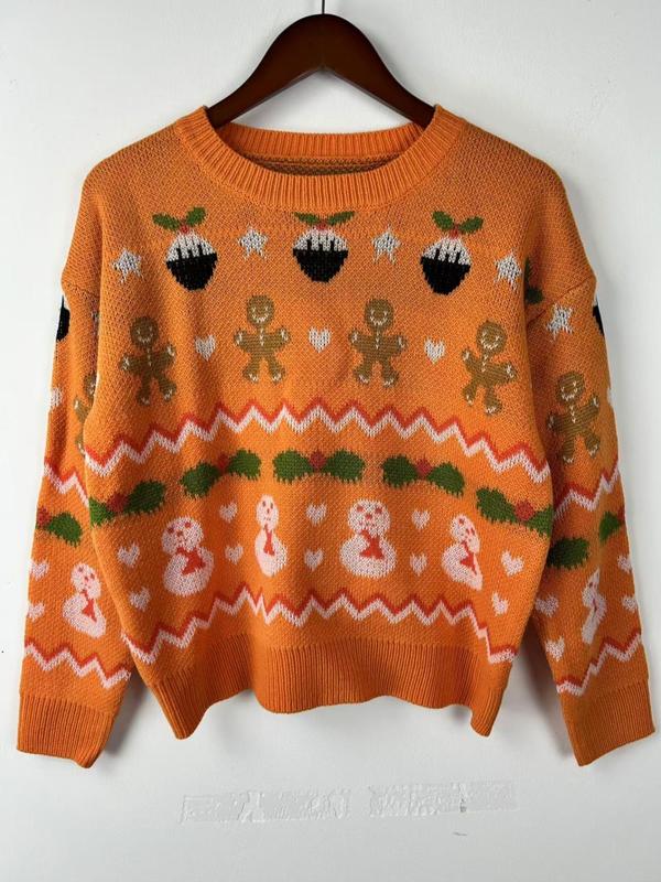 Christmas Deals Women's Christmas Print Drop Shoulder Sweater, Casual Long Sleeve Round Neck Jumper for Daily Wear, Ladies Knitwear for All Seasons, Christmas 2024 Trend