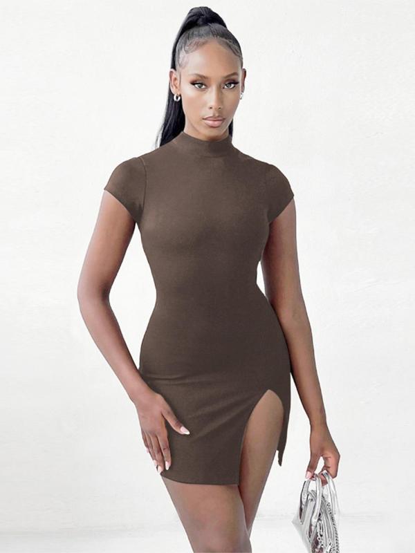 Women's Plain Mock Neck Cut Out Tie Back Split Thigh Bodycon Dress, Summer Clothes Women, Summer Dresses 2024, Casual Short Sleeve Mini Dress, Women's Summer Clothes for Party Nightclub, Womenswear Dresses for Women