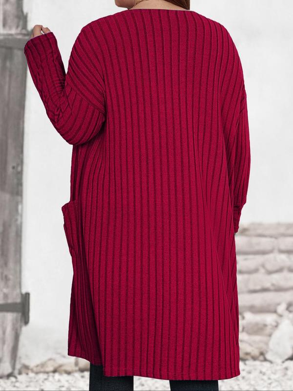  Solid Color Drop Shoulder Pocket Ribbed Cardigan, Casual Long Sleeve Open Front Knitwear for Fall & Winter, Women's Plus Clothing for Daily Wear