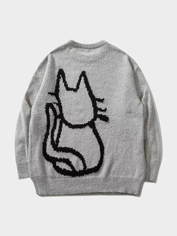 Women's Cartoon Cat Print Round Neck Sweater, Casual Long Sleeve Crew Neck Jumper for Fall & Winter, Fashion Ladies' Knitwear for Daily Wear