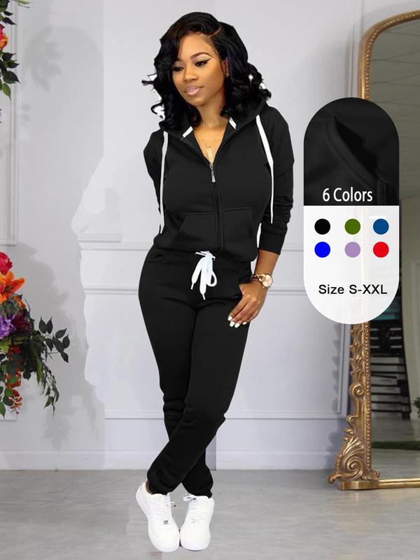 Two-piece Set Women's Solid Zip Up Hoodie & Drawstring Waist Pants Set, Casual Long Sleeve Hooded Sweatshirt & Pocket Trousers for Fall & Winter, 2 Piece Sets Women, Women's Clothes for Daily Wear