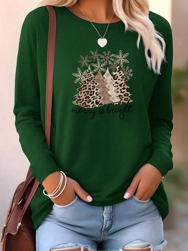 Women's Leopard Print Christmas Tree Print Round Neck Sweatshirt, Casual Long Sleeve Crew Neck Pullover for Fall & Winter, Women's Clothes for Daily Wear