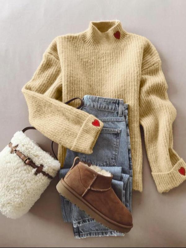 Women's Heart Print Drop Shoulder Sweater, Casual Long Sleeve Stand Collar Jumper for Fall & Winter, Fashion Ladies' Knitwear for Daily Wear