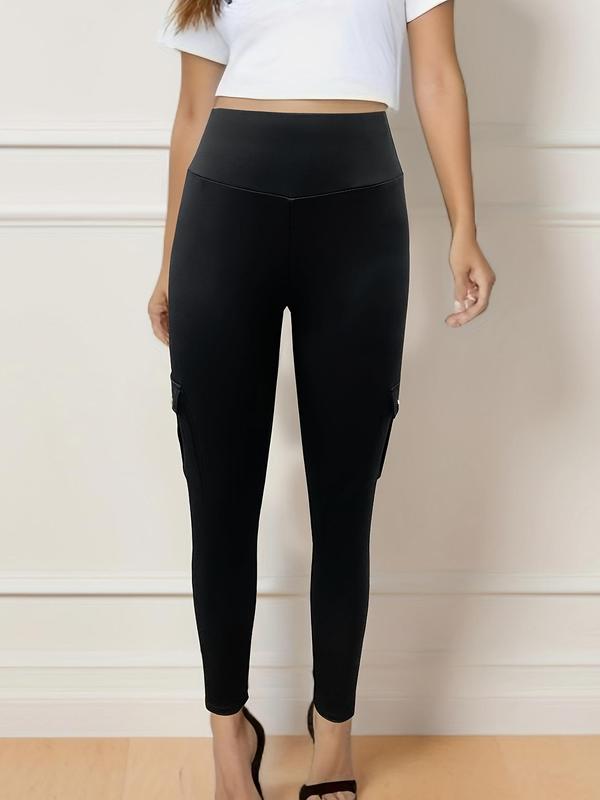  Solid High Waist Pocket Cargo Leggings, Casual Comfy Skinny Cargo Pants for Women, Women's Bottoms for Fall & Winter