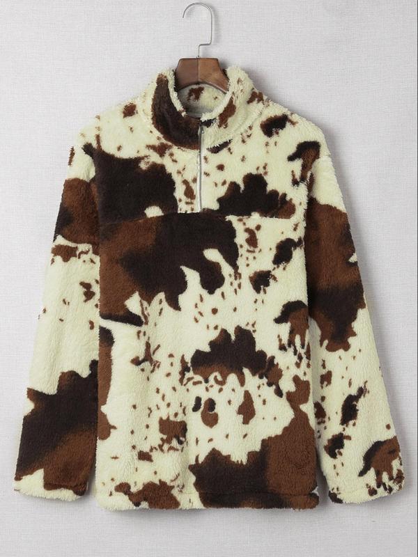 Women's Fuzzy Cow Print Half Zip Teddy Graphic Sweatshirt, Casual Long Sleeve Collared Pullover for Women, Fashion Women's Going Out Outfits, Cozy Fall Outfits for Women, 2024 Black Friday Early Deals